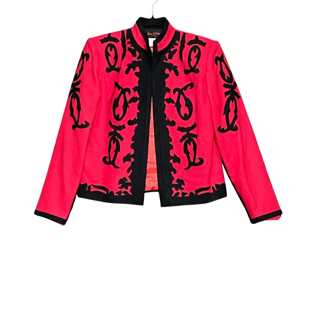 Vintage Arthur Kohler Red Black Embroidered Wool Blazer Jacket Size‎ 8 Statement